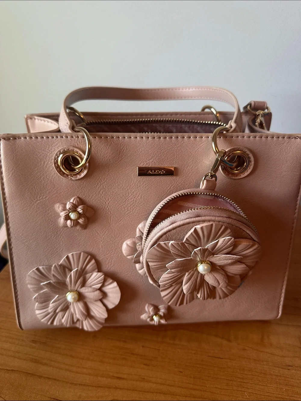 Aldo Blush Pink Floral Applique Satchel with Coin Pouch